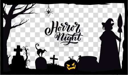 Illustration for Halloween black frame template for social media post and storytelling, cartoon vector cemetery. Halloween holiday and horror night party witch with pumpkin, broom and black cat on cemetery tombstone - Royalty Free Image