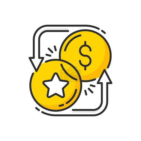 Illustration for Loyalty point and money coins with exchange arrows icon. Vector special benefits, bonus points, prize reward or gift transfer line symbol of gold token and dollar coins, customer loyalty incentive - Royalty Free Image
