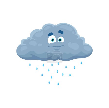 Illustration for Cartoon rainy cloud weather character with rain droplets falling from its bottom. Isolated vector personage for bad weather or stormy day forecast. Stylized sad whimsical cloud with dull sad face - Royalty Free Image