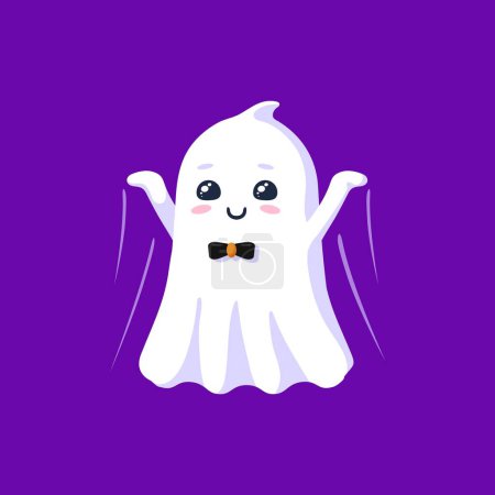 Illustration for Halloween kawaii ghost character swiftly flying with playful grin. Isolated cartoon vector cute and adorable baby spook personage wearing bow tie having fun during spooky holiday party celebration - Royalty Free Image