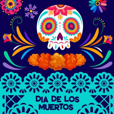 Día de los Muertos papel de fiesta mexicano picado banner de corte de papel, vector Dia De Los Muertos. Cráneo de azúcar de dibujos animados y flores de caléndula del altar ofrenda con tarjeta de felicitación de patrón floral de color brillante