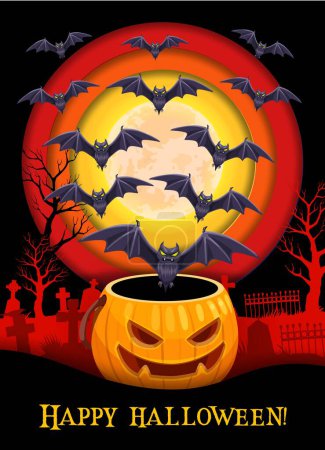 Illustration for Halloween paper cut banner with cemetery, pumpkin and flock of bats, holiday cartoon vector. Happy Halloween greeting with scary pumpkin, tombstone on cemetery and moon in haunted forest in paper cut - Royalty Free Image