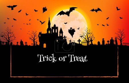 Illustration for Halloween castle silhouette with ghosts, bats and cemetery landscape, vector trick or treat holiday. Halloween horror night pumpkins, creepy tombstone crosses and trees on full moon sky background - Royalty Free Image