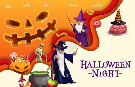 Illustration for Halloween landing page and web banner with vector trick or treat holiday horror night characters. Cartoon Halloween trick or treat candies in pumpkin basket, wizard and mummy, witch hat and potion - Royalty Free Image