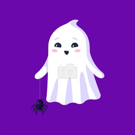 Illustration for Halloween kawaii ghost cartoon character clutches a friendly spider, suspended from a delicate string. Isolated vector adorable spook personage ready to bring a terror and fear at holiday night - Royalty Free Image