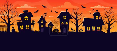 Illustration for Halloween town silhouette of night city street landscape. Vector houses with trick or treat holiday pumpkins, spooky bats and cemetery tombstone, creepy trees, cat, spider web on sunset sky background - Royalty Free Image