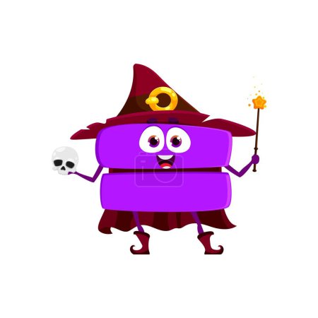 Illustration for Halloween cartoon equal math sign in holiday costume of witch character, vector mathematical icon. Halloween funny equality sign in witch hat with skull and magic wand for kids mathematics study - Royalty Free Image