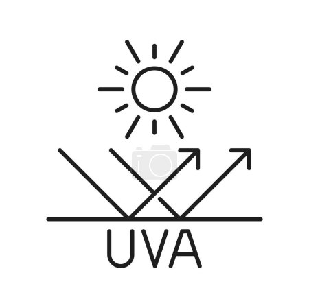 Téléchargez les illustrations : Lumière du soleil UVA, source de rayonnement UV du soleil. Vecteur soleil d'été, signe de protection ultraviolette. Cosmétiques solaires. UVA rayons du soleil flèches réfléchissantes - en licence libre de droit