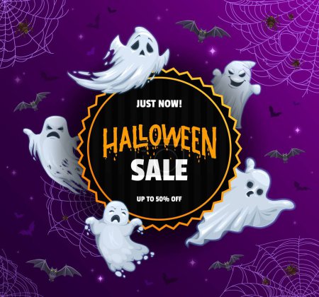 Illustration for Halloween banner with flying ghosts, bats and cobweb with spiders. Vector holiday sale promo card with cartoon funny white sheet spirits, and spiderwebs. Ads background for seasonal autumn discount - Royalty Free Image