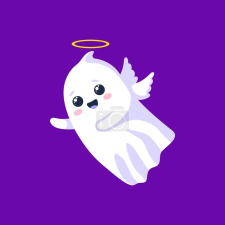 Illustration for Halloween kawaii ghost angel character with white wings, halo, rosy cheeks, and an endearing smile. Isolated cartoon cute vector spook radiating a gentle and whimsical aura of innocence and sweetness - Royalty Free Image