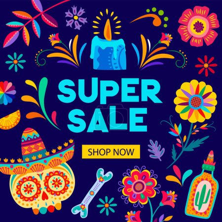 Illustration for Day of the Dead Dia De Los Muertos sale banner of mexican Halloween holiday special offer. Vector calavera sugar skull, flowers and candle, sombrero, tequila and skeleton bones with floral pattern - Royalty Free Image