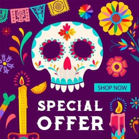 Illustration for Day of the Dead Dia De Los Muertos sale banner with mexican holiday skull, marigolds and papel picado flags. Vector Day of the Dead special offer shopping flyer with calavera, candles, flowers pattern - Royalty Free Image