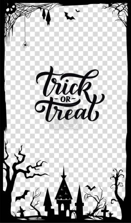 Illustration for Halloween frame for social media post template and storytelling, vector black silhouette. Halloween holiday and trick or treat party frame with haunted castle in forest with bats and spiders in cobweb - Royalty Free Image