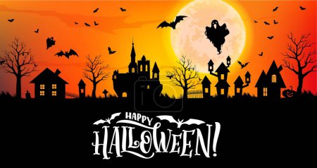 Illustration for Halloween town silhouette. Vector banner with moonlit creepy cityscape shrouded in darkness, where eerie shadows of haunted houses, gnarled trees and ghost figures set stage at spooky night of frights - Royalty Free Image