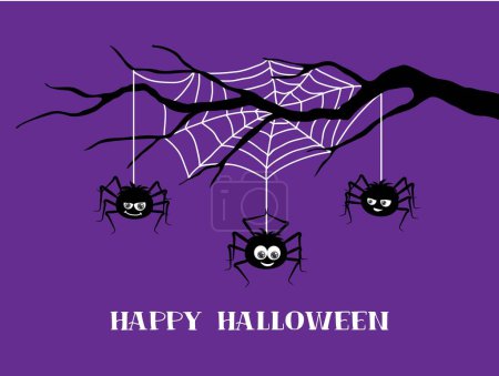 Ilustración de Divertidas arañas de Halloween en banner de vacaciones cobweb, truco vectorial o tratar a los personajes nocturnos. Lindos insectos arañas negras colgando en un árbol espeluznante con hilos blancos de tela de araña, tarjeta de felicitación de Halloween - Imagen libre de derechos