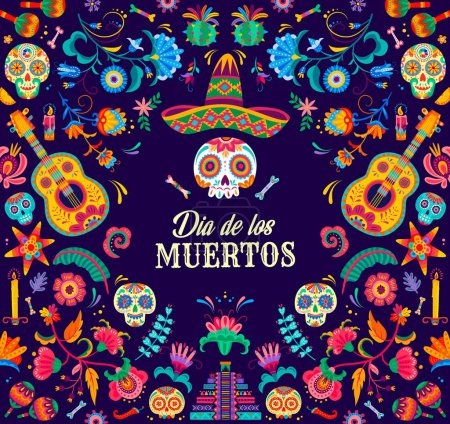Illustration for Mexican dia de los muertos banner with calavera sugar skulls. Day of the dead holiday vector background in traditional alebrije style with mariachi sombrero, guitars, bones, pinata or tropical flowers - Royalty Free Image