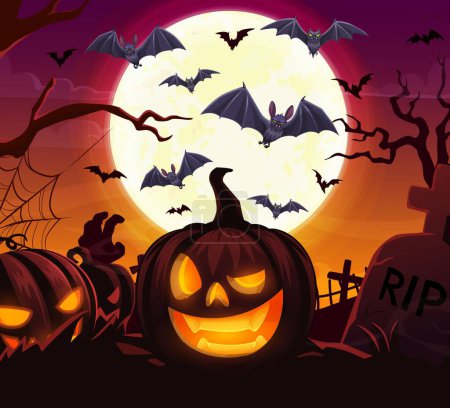 Illustration for Halloween pumpkin and cloud of flying bats on midnight cemetery. Vector graveyard with jack-o-lanterns beneath a moonlit sky. Swirling flock of bats takes flight, casting shadows in the eerie dusk air - Royalty Free Image