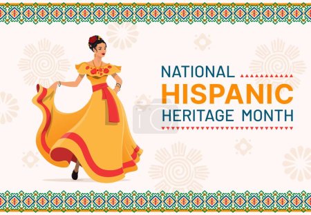 Illustration for Dancing woman on national hispanic heritage month festival banner. Vector background with ethnic pattern and young female character dancer wear traditional dress perfotm expressive flamenco dance - Royalty Free Image