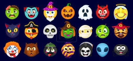 Illustration for Cartoon Halloween emoji set. Vector zombie, vampire, wizard, pumpkin and ghost. Devil, angel, black cat and pirate. Skull, witch, mummy and voodoo doll with sinister clown, werewolf, alien or cauldron - Royalty Free Image