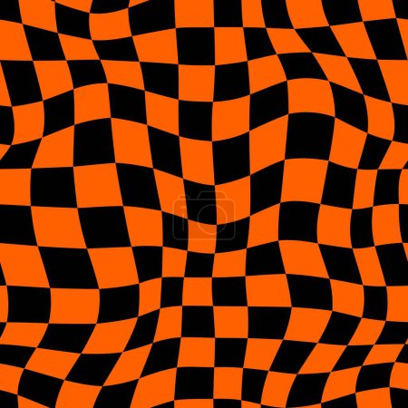 Illustration for Halloween optical psychedelic pattern, curvy wavy background. Mesmerizing vector distorted black and orange squares swirl and dance, creating a surreal and hypnotic atmosphere for spooky season - Royalty Free Image