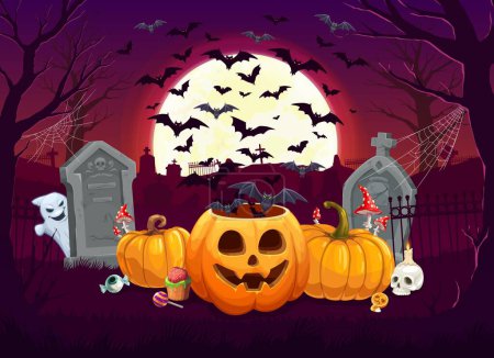 Illustration for Cartoon Halloween pumpkins, sweets and cloud of bats on midnight cemetery, vector background. Halloween holiday and trick or treat horror night banner with scary pumpkins and boo ghost on cemetery - Royalty Free Image