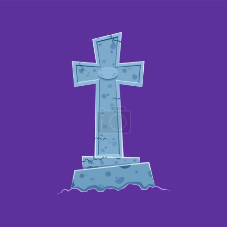 Illustration for Halloween grave stone cross, horror night holiday cemetery tombstone, cartoon vector. Happy Cemetery holiday celebration graveyard tomb stone or headstone with cracked cross of dead zombie grave - Royalty Free Image