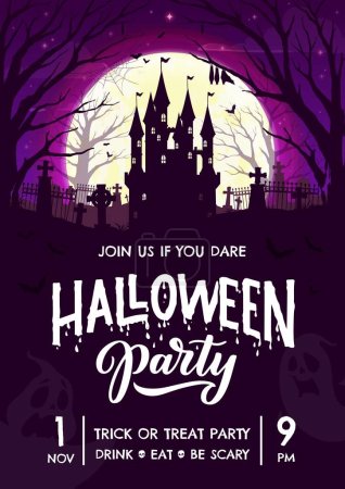 Illustration for Halloween party flyer with dark castle, cemetery and forest silhouette landscape, vector poster. Trick or treat party and Halloween holiday flyer with haunted castle and tombstones on cemetery - Royalty Free Image