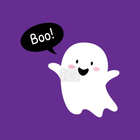 Illustration for Cartoon Halloween kawaii ghost character with cute mischievous face and raised arms saying boo, while trying to playfully frighten. Vector charming, spooky and adorable spirit flying at holiday night - Royalty Free Image