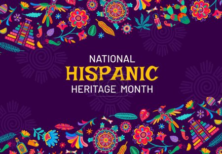 Illustration for National hispanic heritage month banner with alebrije pattern. Vector festive background for annual hispanic traditional event with tropical flowers, birds or pyramid, bones, jalapeno and cacti plants - Royalty Free Image