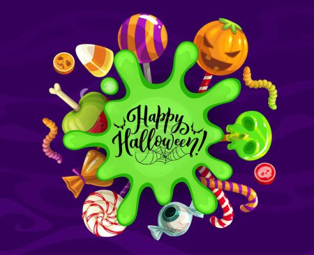 Illustration for Halloween banner with holiday sweets and green slime blob. Vector spooky delectable array of sweets like candy corn and lollipops, surrounded by a toxic gooey splash for a delightfully eerie touch - Royalty Free Image