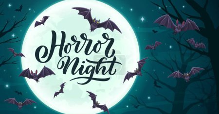 Illustration for Halloween cloud of flying bats at midnight holiday moon in night forest, vector cartoon background. Happy Halloween greeting card and creepy horror night party poster with spooky vampire bats - Royalty Free Image
