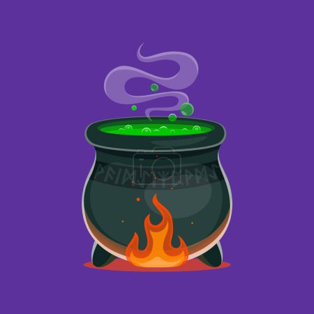 Illustration for Halloween witch potion cauldron or magic poison pot, cartoon vector. Halloween holiday, alchemy or witchcraft cauldron on fire with bubbling green liquid spell drink or magic potion for horror night - Royalty Free Image