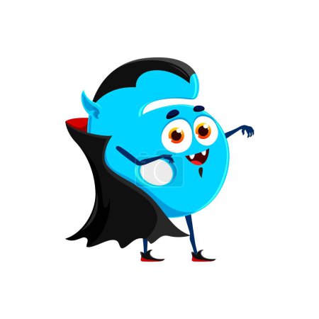 Ilustración de Dibujos animados de Halloween número 6 en traje de vampiro de Drácula para vacaciones, personaje divertido vector. Número seis en el disfraz de Halloween de vampiro con colmillos para niños truco o fiesta de tratar con la cara sonrisa feliz - Imagen libre de derechos
