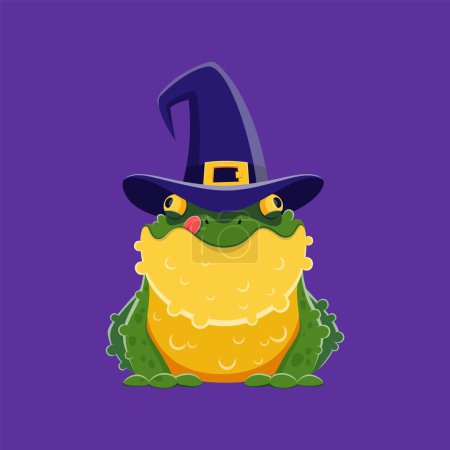 Illustration for Halloween frog in witch hat for horror night holiday monster and trick or treat party, cartoon vector. Happy Halloween holiday spooky toad frog in witch hat for spooky night celebration - Royalty Free Image