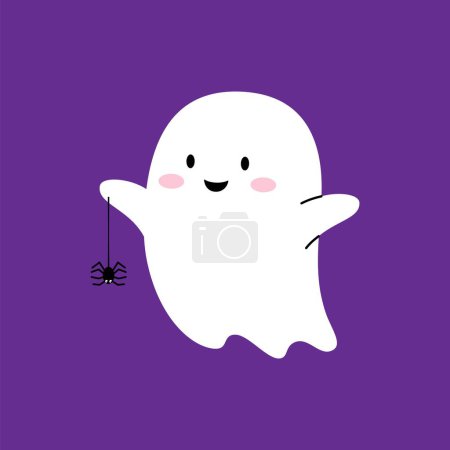 Illustration for Halloween kawaii ghost cartoon character with spider toy, vector funny boo with happy face. Halloween holiday and trick or treat party cute ghost emoji or kawaii boo emoticon playing with spider - Royalty Free Image