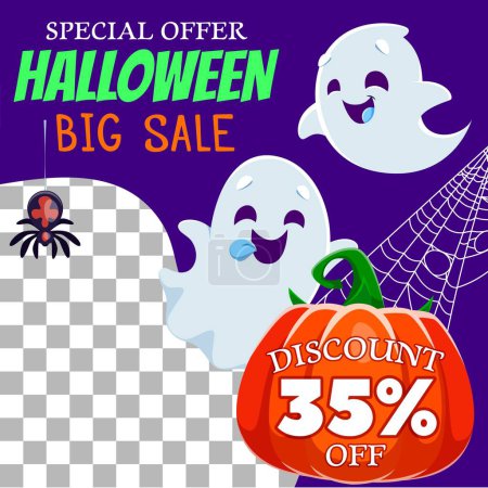 Téléchargez les illustrations : Bannière de vente de vacances d'Halloween avec fantômes kawaii, araignée et toile d'araignée. Carte vectorielle avec des fantômes sympathiques planant à côté d'une gourde mûre, jetant un sort enchanteur sur des remises et des offres effrayantes - en licence libre de droit