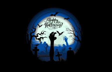 Illustration for Halloween paper cut banner with zombie hands on cemetery with gravestones, holiday vector background. Happy Halloween greeting with flying bats and moon over graves with undead zombie hands - Royalty Free Image