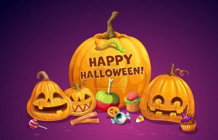 Illustration for Halloween pumpkins and sweets for horror night holiday and trick or treat party, cartoon vector background. Happy Halloween spooky eye or worm candy, witch cupcake with brain and bone lollipop - Royalty Free Image