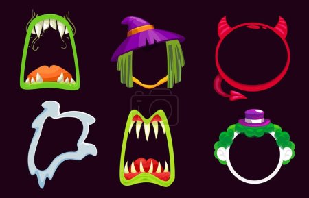 Illustration for Halloween avatar frames and borders and face masks for holiday, isolated cartoon vector monsters. Ghost, witch and spooky clown with devil horns and monster beast fangs for Halloween avatar face frame - Royalty Free Image