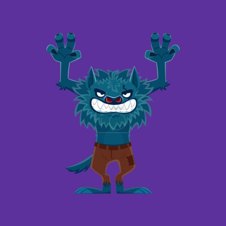 Illustration for Halloween werewolf character or horror night holiday monster, cartoon isolated vector. Happy Halloween holiday character of werewolf wolf with scary fangs and spooky claws for trick or treat party - Royalty Free Image