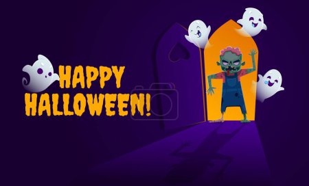 Illustration for Zombie and kawaii ghosts in door, Halloween banner. Vector holiday greeting card featuring a spooky doorway with adorable spooks and lurking zombie, setting the stage for a spine-tingling celebration - Royalty Free Image