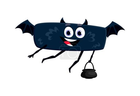 Illustration for Cartoon funny math sign minus in Halloween costume of vampire bat for holiday, vector character. Minus mathematical sign character flying with potion cauldron bag for kids Halloween celebration - Royalty Free Image