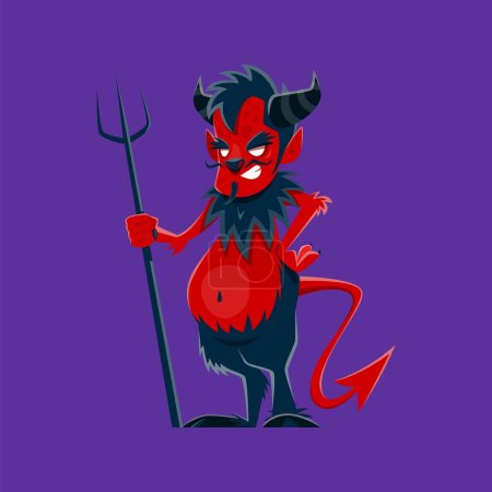Illustration for Halloween devil character or horror night holiday evil monster, vector funny cartoon. Halloween celebration symbol of red hell devil with horns, trident and grim smile for kids trick or treat party - Royalty Free Image