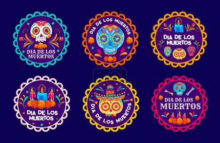 Illustration for Day of the Dead mexican holiday labels, Dia De Los Muertos circle tags. Cartoon sugar skulls, candles and marigold flowers vector round badges with ethnic floral pattern, Mexico Halloween banners set - Royalty Free Image