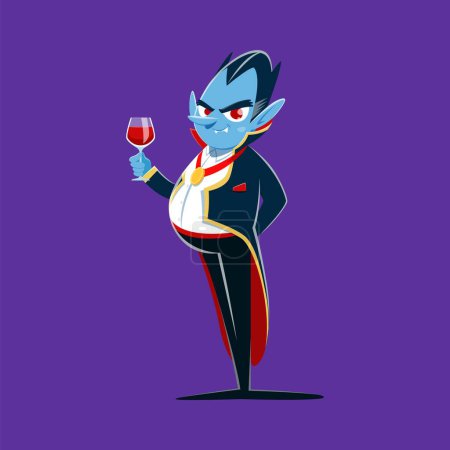 Illustration for Halloween vampire character and horror night holiday evil Dracula, cartoon isolated vector. Happy Halloween holiday character of Dracula vampire with blood drink in glass for trick or treat party - Royalty Free Image