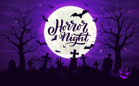 Illustration for Halloween cemetery landscape with gravestones, flying bats and zombie hands, holiday vector poster. Horror night Halloween celebration banner with midnight moon and dead hands form graves on cemetery - Royalty Free Image