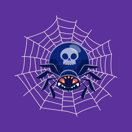 Ilustración de Tela de araña de Halloween con carácter de araña, monstruo espeluznante noche de terror, vector aislado de dibujos animados. Feliz Halloween, espeluznante araña aterradora con esqueleto cráneo en telaraña para truco o trato - Imagen libre de derechos