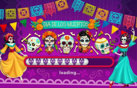 Illustration for Mexican Dia de Los Muertos holiday loading page. Day of the Dead celebration event. Dia de Los Muertos banner or loading page vector template with Catrina flamenco dancer, calavera sugar skulls - Royalty Free Image