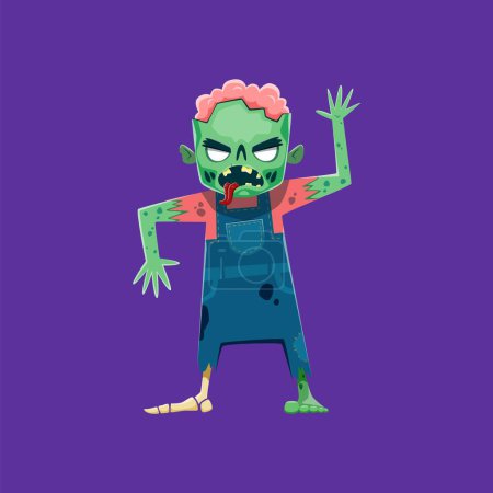 Ilustración de Halloween personaje zombie, noche de terror vacaciones monstruo muerto espeluznante, vector aislado de dibujos animados. Feliz Halloween, espeluznante zombie no-muerto aterrador con el cerebro en el cráneo y las manos podridas - Imagen libre de derechos