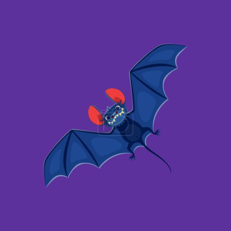 Illustration for Halloween flying bat, horror night holiday spooky monster, cartoon isolated vector. Happy Halloween holiday character of vampire bat flying with scary fangs and spooky smile for trick or treat party - Royalty Free Image